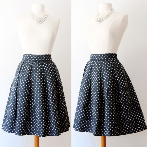 Mo:vint New York Dresses & Skirts - Navy Blue 100% Linen Pleated Retro Cute Midi Skirt